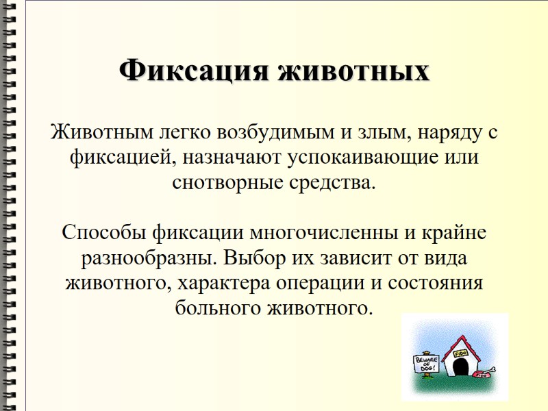 Фиксация животных Животным легко возбудимым и злым, наряду с фиксацией, назначают успокаивающие или снотворные